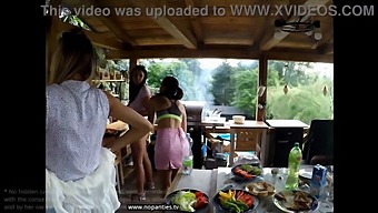 Outdoor Group Sex With Shaved Girls In Mini Skirts At Barbeque Party