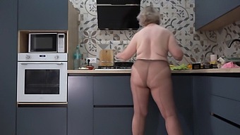 Curvy Milf In Nylon Pantyhose Serves Breakfast While Flaunting Her Assets